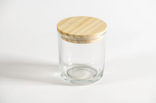 Pote frasco velas vidrio transparente 295 ml tapa madera