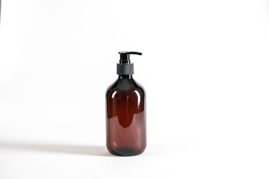 Botella 500 ml plástico ámbar con dispensador loción negro 28/410