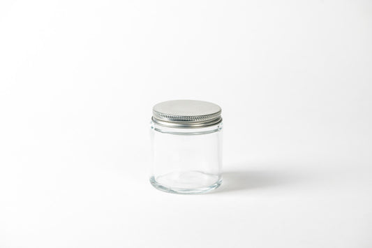 Pote frasco velas vidrio transparente 100 ml tapa plateada