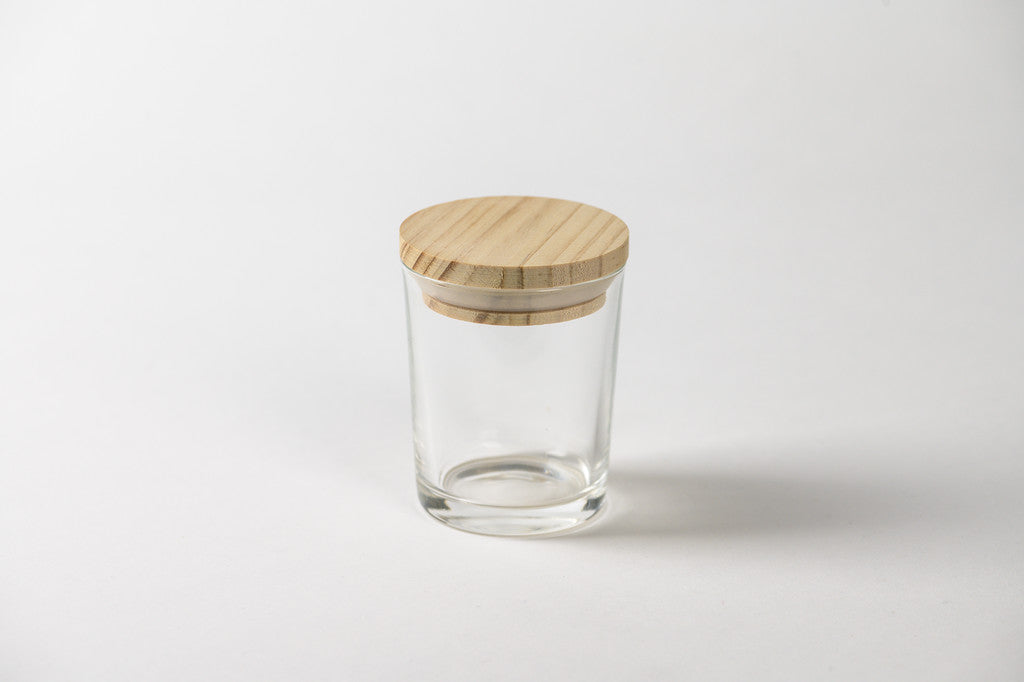 Pote frasco velas vidrio transparente 90 ml tapa madera