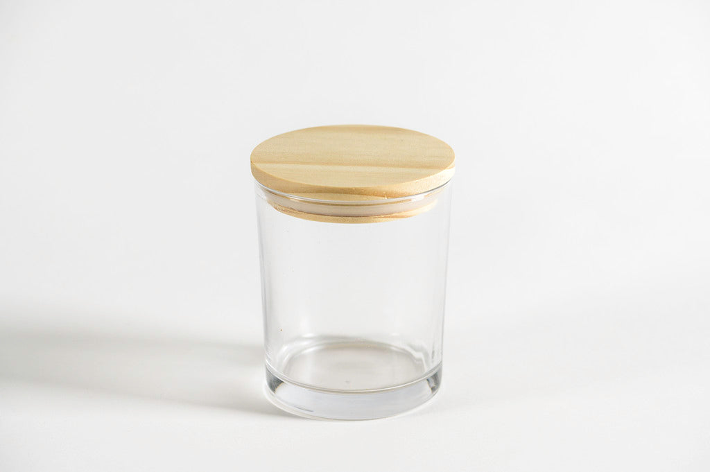 Pote frasco velas vidrio transparente 220 ml tapa madera