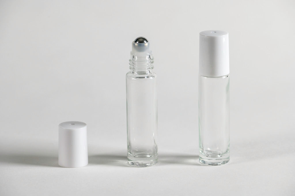 Roll on 10 ml vidrio grueso transparente tapa blanca bola