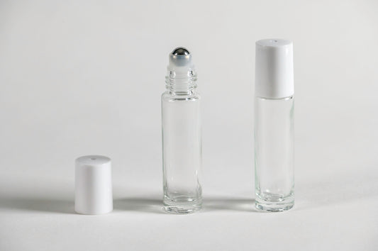 Roll on 10 ml vidrio grueso transparente tapa blanca bola