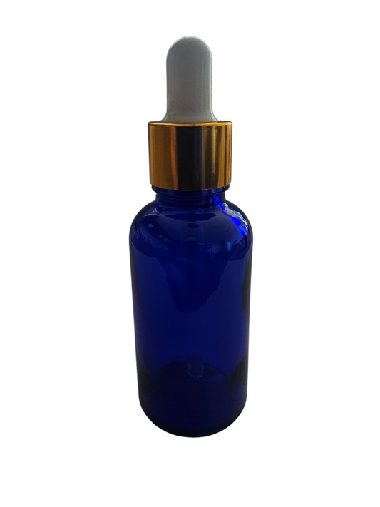 Gotario vidrio AZULADO 30 ml tapa dorada goma negra y pipeta, azul
