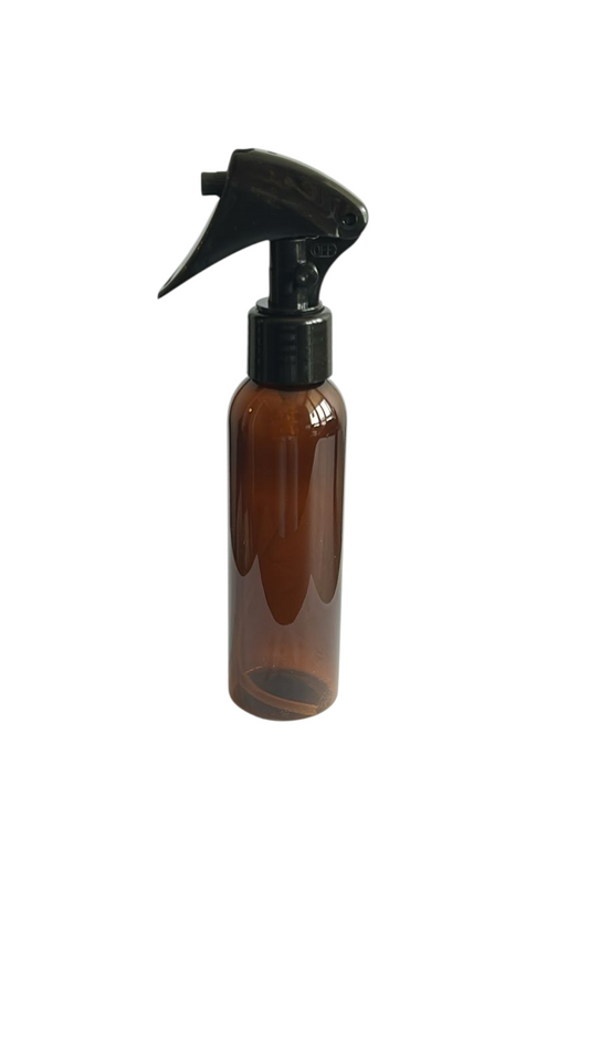 Botella 120 ml plástico ámbar cuello curvo con mini gatillo negro 24/410