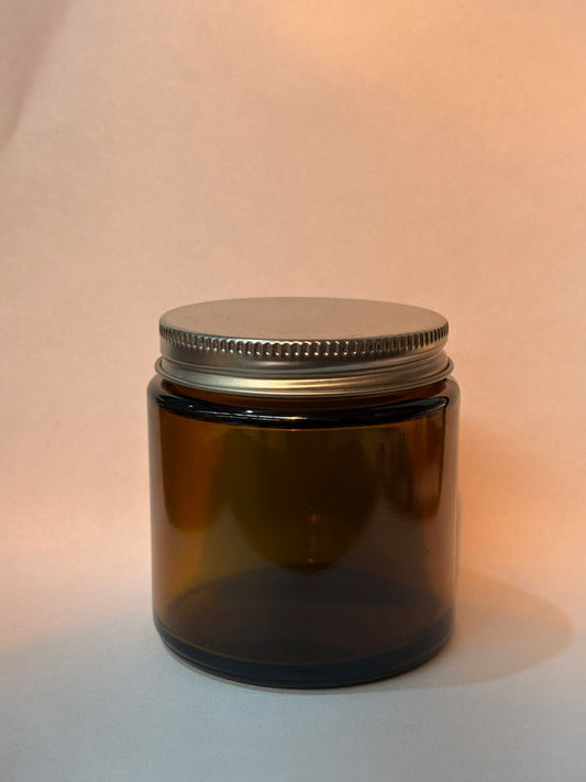 Pote frasco velas vidrio ámbar 100 ml tapa plateada