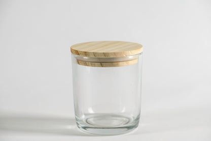 Pote frasco velas vidrio transparente 295 ml tapa madera