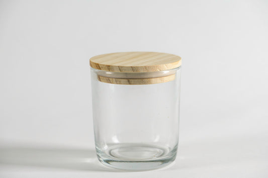Pote frasco velas vidrio transparente 295 ml tapa madera