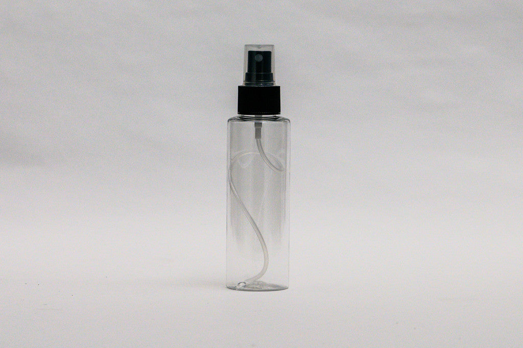 Botella 120 ml plástico transparente con spray negro 24/410 alargado