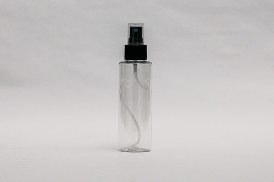 Botella 120 ml plástico transparente con spray negro 24/410 alargado