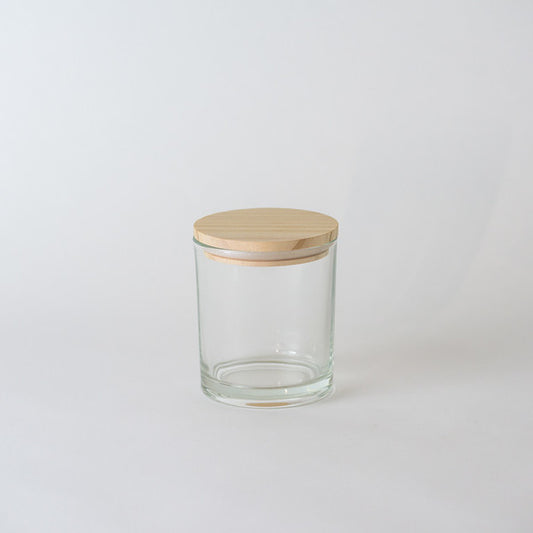 Pote frasco velas vidrio transparente 430 ml tapa madera