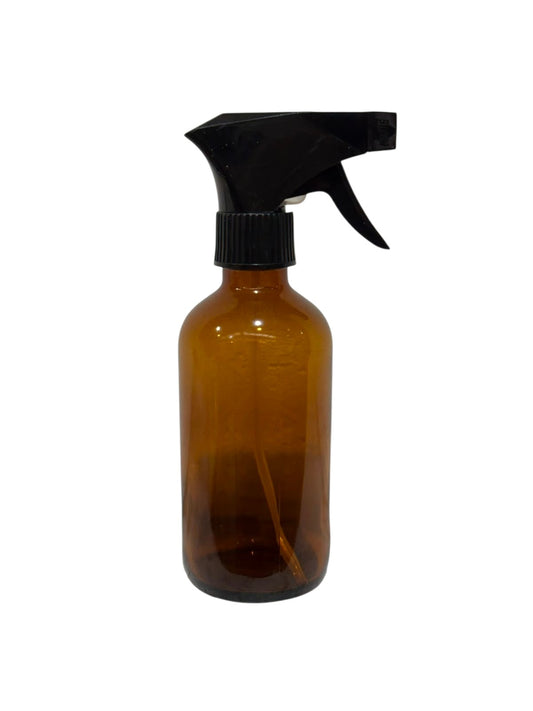 Botella 240 ml vidrio ámbar gatillo cuadrado negro completo 28/410 con doble anillo blanco NO filtra