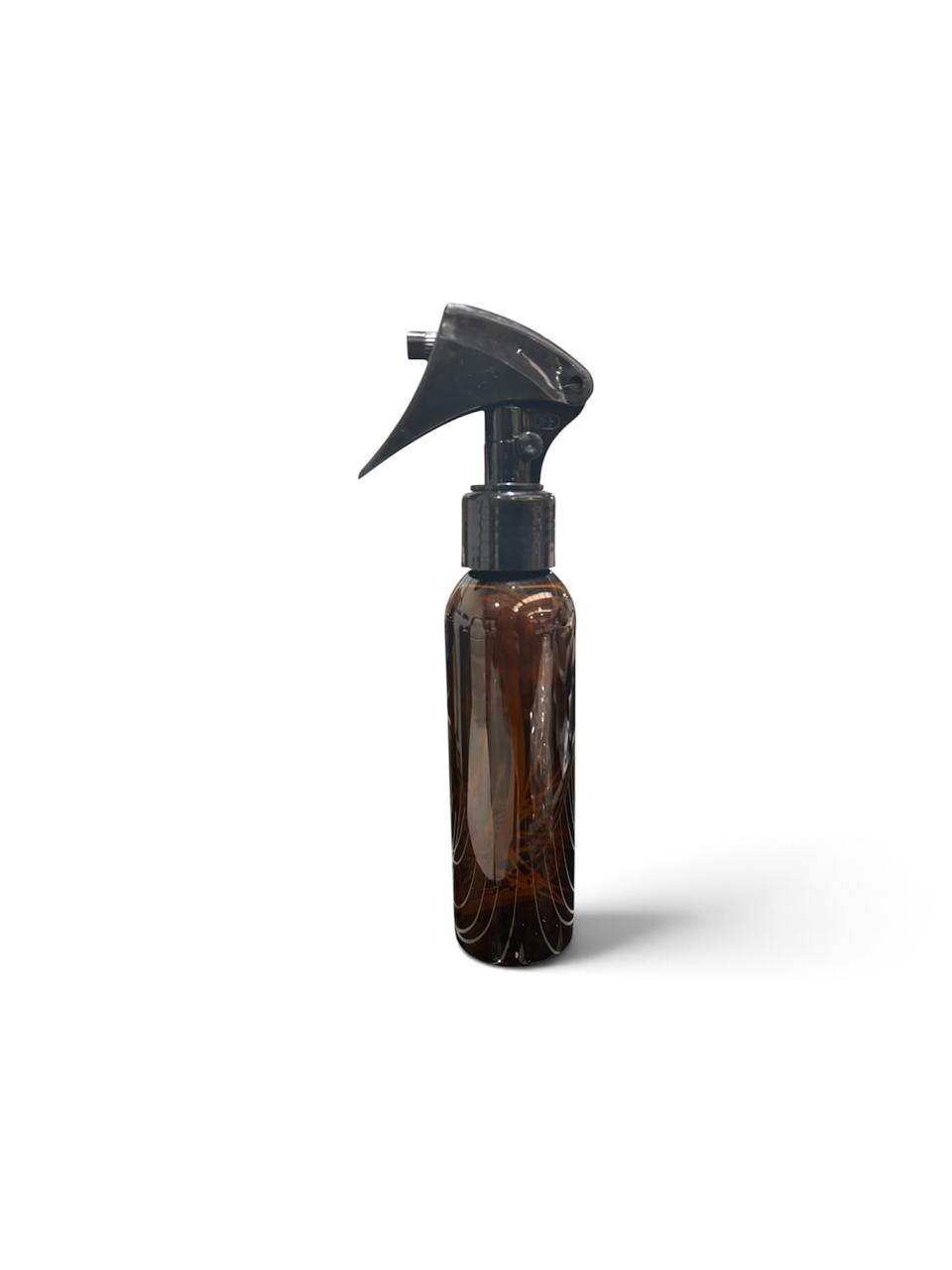 Botella 120 ml plástico ámbar cuello curvo con mini gatillo negro 24/410